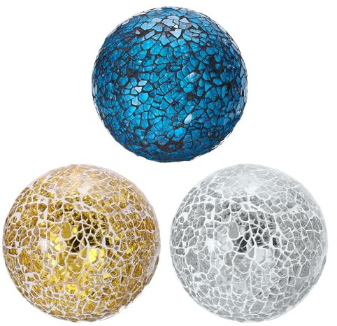 QUARKZMAN 3 Piezas de Bolas Decorativas de Vidrio de 3.15, Esferas de Vidrio Mosaico para Centros de Mesa, Cuencos, Jarrones, Mesa de Comedor, Dorado, Plateado, Blanco, Azul