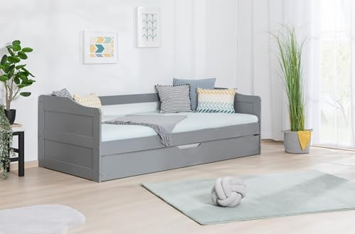 TiCAA Einzelbett Sofabett Funktionsbett, Melinda mit Zusatzbett für Schlafzimmer, Kinderzimmer Kiefer Massivholz Bettgestell 90 x 200 cm