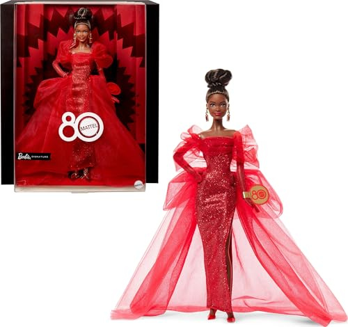 Barbie Signature 80° Anniversario Mattel, bambola castana da collezione in abito in tulle rosso scintillante con orecchini a goccia e guanti velati, giocattolo per bambini, 6+ anni, JBJ18
