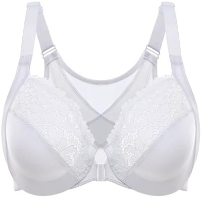 Delimira Women's Front Fastening Bras Posture Lace Underwire Unlined Full Coverage Plus Size White 36E