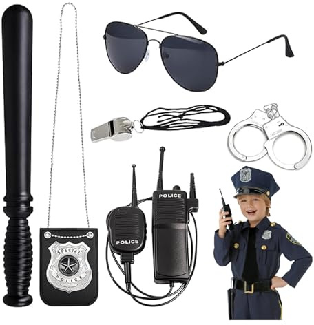RISAKOGO Kinder Polizei Set, 6 Stücke Zubehör mit Party-Brille, Handschellen und Abzeichen für Kommissar, Karneval, Mottoparty Cosplay Polizei Herren Damen
