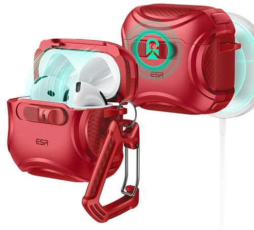 ESR Hülle für AirPods 4, MagSafe kompatibel, Sturzsicherer Verschluss | Cyber Serie Case mit einfachem Öffnen, kompatibel mit AirPods 4 Gen. (2024) USB-C, Cyber FlickLock Serie, Rot