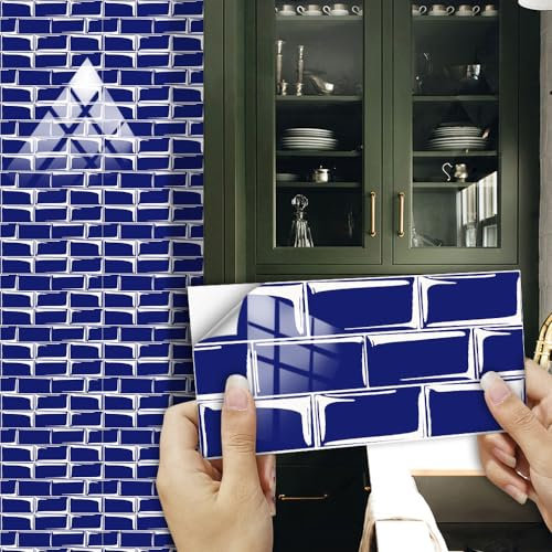 Tile Stickers,Tile Stickers 15X30 Cm Navy Blue Tile Stickers for Kitchen and Bathroom,Stick On Wall Tiles, Wall Tiles Vinyl Home Decoration 10pcs(10X20CM)