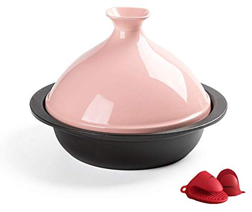 Cast Iron Moroccan Tagine Pot, Casserole Dishes with Lids 24Cm Large Cooking Tagine,Moroccan Tajine with Enameled Cast Iron Base and Cone-Shaped Lid (Pink)