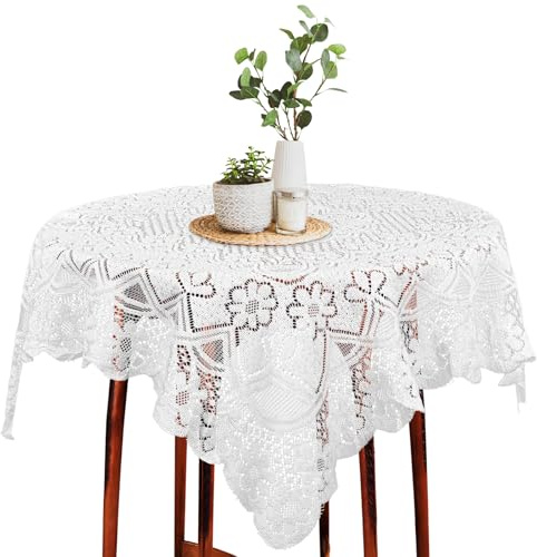 AOZUO Quadratische Spitzentischdecke, 90 x 90 cm französische dekorative Spitzentischdecke mit Blumenmuster, kleine Tischdecke, Tischdecke für Esszimmer, Küche und Camping, weiß(A)