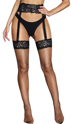 RSLOVE Stay-Ups Nätstrumpor Dam Sexiga - Spetskant Nylon Strapsstrumpor med Halkfritt Silikon, svart, one size