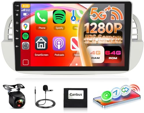 4G+64G Android 15 Car Radio Stereo for Fiat 500 2007-2015(White) 5GWiFi, Hodozzy 9 inch 1280P Touchscreen Radio with DSP Wireless Carplay Android Auto Bluetooth 5.0 GPS FM/RDS Reversing Camera