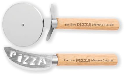 ''The best pizza'' Set Tagliapizza Professionale con Rotella e Lama, Manico in Legno con Incisione 2 Pezzi Idea regalo Natale Amore Cena Cibo Casa Amici Cucina Pizza Focacce Mamma