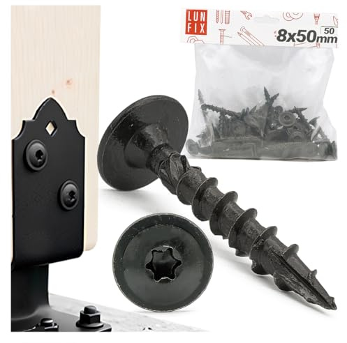 LUN FIX Vis À Bois Torx 8x50 mm Étoile 50 Pièces, Tête Noire | Acier Zingué, Vis pour Panneaux, Support Poteau, Montage Bois, Contreplaqués, Mélaminés, Fixation Charpente Construction