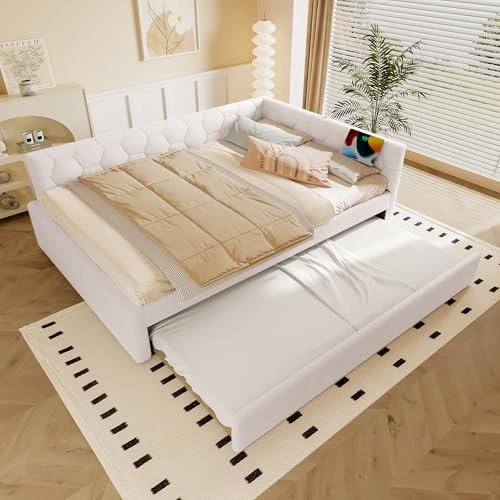 Daybett 140*200cm Tagesbett, Schlafsofa, Bett mit Lattenrost, mit LED-Lichtleiste und USB-Anschluss, mit multifunktionalem Ausziehbett, Komfortmaterial, Vliesimitat(Weiß mit Ausziehbett, 140x200CM)