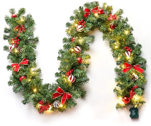 Joiedomi Weihnachtsgirlande mit Lichtern, 50 warmweiße LEDs, Weihnachtsbaumgirlande mit 8 Beleuchtungsmodi, verziert mit Tannenzapfen, Schleifen, Weihnachtskugeln und Beeren für Fenster