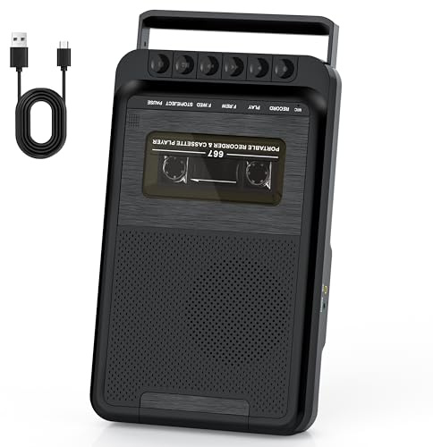 Portable Cassette Player With 3W Big Speaker Cassette Tape Recorder via Bluit-in Microphone,Cassette Tape Player with Retractable Handle，Supports External Microphone Input Power by 4 C Battery (Black)