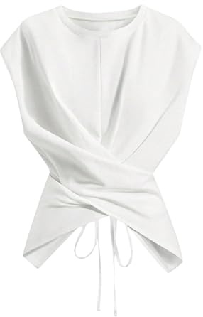 WDIRARA Women's Plus Size Wrap Cinched Waist T Shirts Tie Back Cap Sleeve Tops White 3X-Large Plus