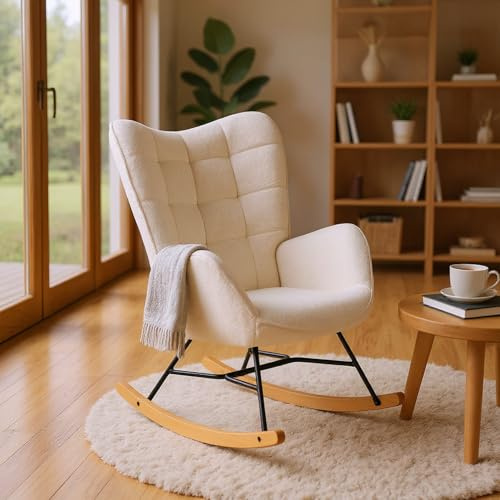 Meuble Cosy Fauteuil de Relaxation, Rocking Chair Confortable, Chaise à Bascule pour Salon en Bouclette avec Pieds Bois et Métal