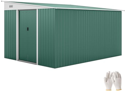 Outsunny Metall Gerätehaus 19,4m³ 280x345x201cm mit Schiebetür Grün | Gartenhaus mit Pultdach, Wetterfest, Geräteschuppen, Outdoor Schrank, für Außenbereich, Hinterhof, Garten