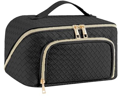 Neusky Groß Kosmetiktasche Schminktasche wasserdichte PU-Leder Reise Make-up-Tasche mit Große Weit Offener Tasche für Damen Frauen (Vintage-Schwarz 2025)