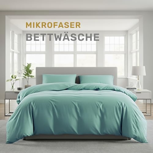 Lavea® Bettwäsche 200x220 cm, 3-teilig, 1 Bettbezug 200x220 cm, 2 Kissenbezüge 80x80 cm, Mikrofaser, weich, atmungsaktiv, pflegeleicht, hypoallergen, Markenreißverschluss, Bettwäsche-Sets Eukalyptus