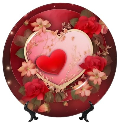 Mount Hour Flowers Love Hearts Circle Decorative Ceramic Dish 8 with Stand, Valentine's Day Porcelain Plates for Table, Bone China Art Wobble-Plate for Home Hallway Wall Office Decor