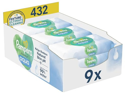 Pampers Harmonie Aqua Lingettes Pour Bébé 9 Paquets De 48 Lingettes = 432 Lingettes, Aide à restaurer le pH naturel de la peau, lotion douce avec 99% d’eau