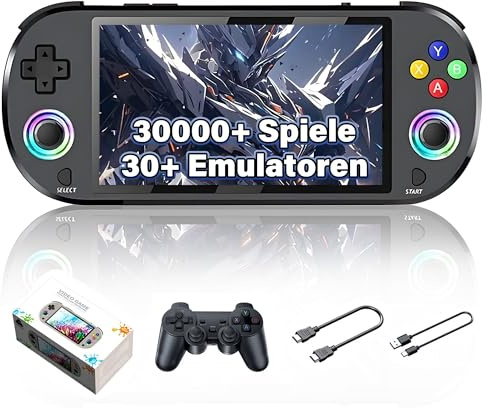 M22 Pro Retro Handheld Spielkonsole 128 GB mit 30000+ Videospielen und 30+ Emulatoren, 5,0 Zoll HD Bildschirm, 3000mAh Akku, Plug and Play Handheld Emulator mit Spielcontroller (Schwarz)