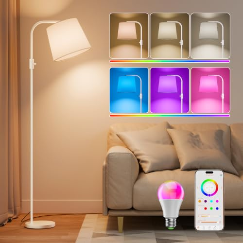 DUSKTEC Smarte Bogenstehlampe mit App-Steuerung, Kompatibel mit Alexa | 16 Mio. RGB-Farben, 2700–6000K Einstellbare Weißtöne, 1–100 % Dimmbar, Musikmodus, 1200lm, Leinenschirm, Kein Konto Nötig