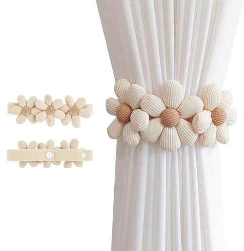 ZMZaoan Sujetador Decorativo para Cortinas (2 Piezas) - Portacortinas de Flores con diseño Boho Dulce - Correa Ajustable elástica, Color Beige para una decoración de Interior Elegante. (Beige)