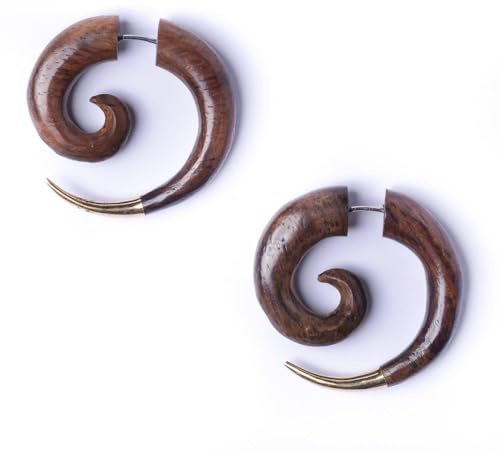 81stgeneration Wood Spiral Fake Stretcher Earrings With Gold Brass Tip 30mm - Tribal Wooden Faux Ear Tapers for Men - Fake Gauge Hoops - Surfer Cheater Jewellery - Handmade Boho Statement Earrings