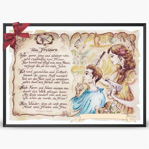 Die Staffelei Geschenk Friseur A4 (29,7cm x 21cm) mit Wunschtext | Witziges Gedicht mit liebevoller Zeichnung auf hochwertigem Papier/besondere Geschenkidee