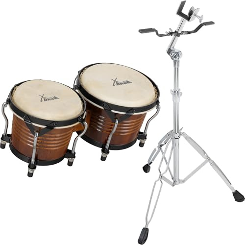 XDrum Bongos Pro Tobacco Set inkl. Ständer, Bongogrößen: 6, 5 (20 cm) | 2 Trommeln (macho und hembra), 5 (17 cm) und 7, 5 (20 cm), Naturfelle, Holz: Birke, Verchromte Spannschrauben, 2 kg