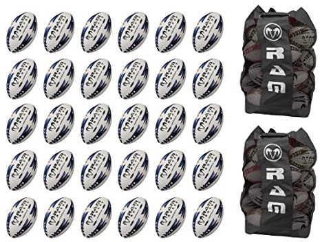 30x Pro- Rugby Ball Trainingsball Paket Mit 2 Große, atmungsaktive Balltasche von Ram Rugby Deutschland (Blau, 4)