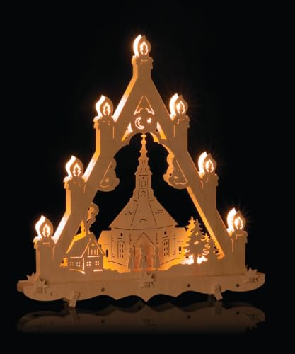 ERM Holzmanufaktur Lichterspitze klein, Kirche Seiffen Erzgebirge traditionelles Motiv Lichterecke Leuchter mit 10 Kerzen (innen 3-fach beleuchtet), Grösse: B:47 x H:49 x T:6 cm