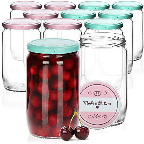 com-four® 12x Einmachgläser mit Schraub-Deckel Made with love in grün und rosa - TO Ø 82 mm - empfohlene Füllmenge ca. 650 ml - bis Glasrand: ca. 720 ml
