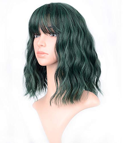 VCKOVCKO Wellenförmige Kurze Bob Perücke Mit Air Pony - Schulterlange Lockige Gewellte Synthetische Cosplay Pastell Perücke (12, Grün Mischen)