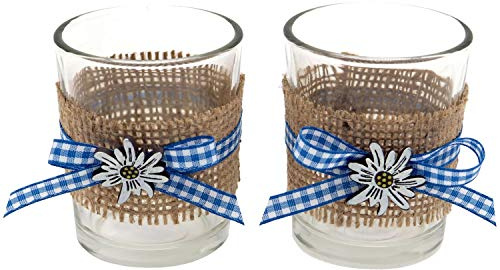 ZauberDeko Tischdeko Oktoberfest Bayern 2 Teelichthalter Teelichtgläser Blau Weiß Enzian Party Deko