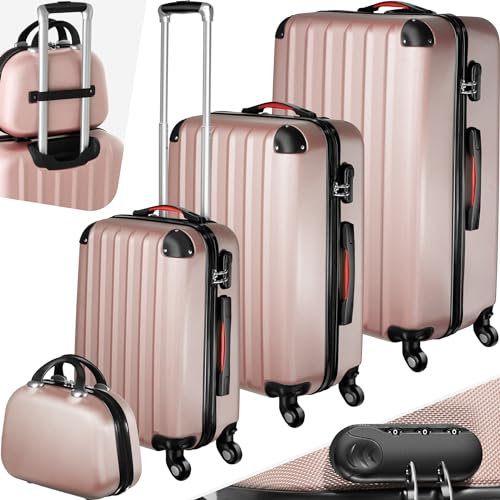 tectake® 4-TLG. Reisekoffer - Kofferset mit abnehmbaren Rollen 360°, Hartschalenkoffer mit TSA Zahlenschloss, Koffer groß, abteilbarer Innenraum, Trolley Handgepäck, Teleskopgriff - roségold
