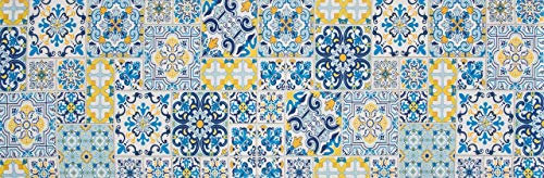 HomeLife Tappeto Cucina Antiscivolo Lavabile Piastrelle 58X80 Made in Italy | Passatoia Corridoio Moderna in Ciniglia Fantasia Blu e Gialla | Tappeto Runner Lungo Colorato [58X80]