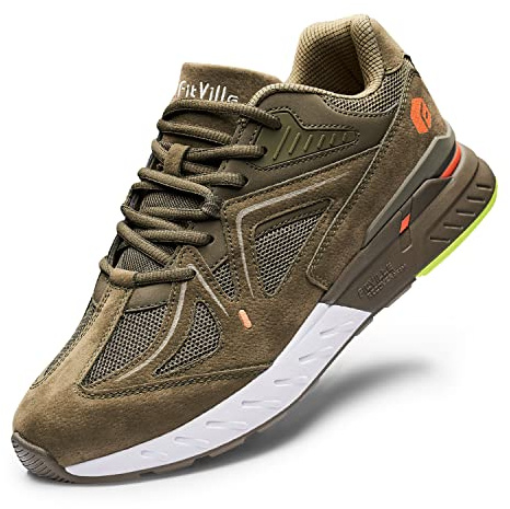FitVille Mens Extra Wide Fit Trainers Comfortable Running Sneakers Lightweight Walking Shoes for Flat Feet Plantar Fasciitis, Army Green, 9.5 UK Wide