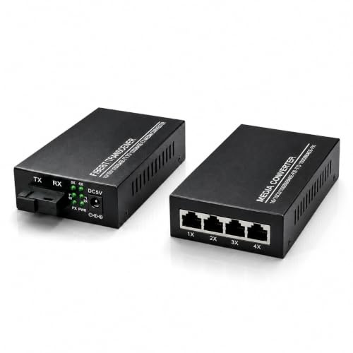 Elfcam® - Gigabit Ethernet LWL Medienkonverter Glasfaser 10/100/1000 Mbps inklusive Mini-GBIC (SFP) (4 RJ45 Port *4 RJ45 Port)