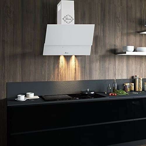 Campana extractora de alto rendimiento 60 cm GURARI GCH 268 WH 6 Prime/Campana decorativa de pared, color blanco vidrio/campana de cocina inclinada modo reciclaje o evacuación de aire con filtro de