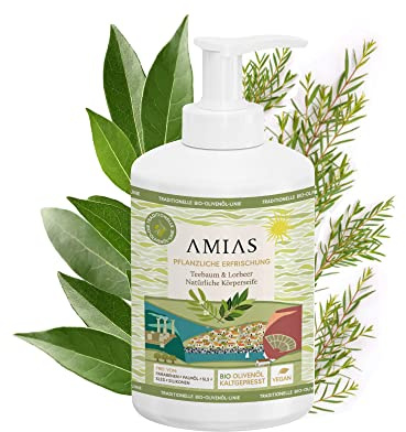 Duschgel | AMIAS Teebaumöl & Lorbeer Seife | Vegan, frei von Palmöl, SLS; SLES; Silikon, Parabenen | Inhaltsstoffe 88% natürlichen Ursprung | Bio Olivenöl |GreenPE verpackt (Teebaum)
