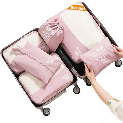 MURISE Organiseur de Bagage 6 Set, Packing Cubes, Organisateur de Valises pour Les Vacances et Les Voyages, Sacs à Vêtements, Sacs à Chaussures, Sac à Cordon, sac à Accessoires (Rose Sakura）
