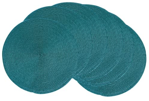 AHHFSMEI Runde geflochtene Tischsets Set mit 6 runden Tischsets für Esstische, natürlich gewebt, hitzebeständig, 38,1 cm (Blaugrün)
