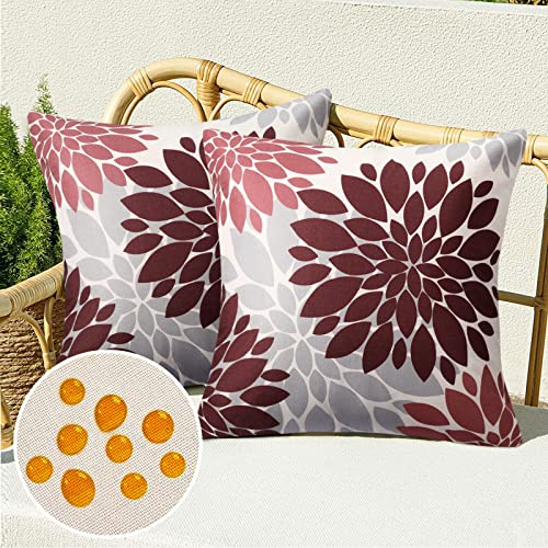 Serento Kissenbezug 40x40 Frühling Moderne Outdoor Kissen Sofakissen Kissenhülle Kissenbezüge Wasserdicht Leinen Sommer Rot Dahlie Blume für Wohnzimmer Schlafzimmer Sofa Garten Terrasse Deko, 2er Set
