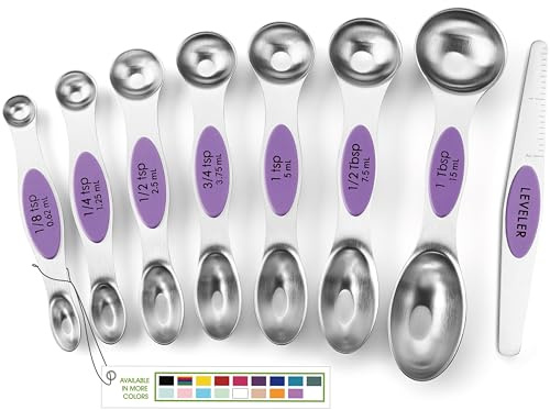 Spring Chef Stainless Steel Magnetic Measuring Spoons Set of 8 with Leveler, Nesting Metal Teaspoon & Tablespoon Measuring Spoons for Food, Heavy Duty Kitchen Gadgets for Baking & Cooking - Orchid