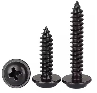 FandWay 125Pcs Self Tapping Screws Black,M3 Small Wood Screws Assortment,Pan Head With Washer Self Drilling Screw,Wafer Head Sheet Metal Screw Phillips Drive for DIY Woodwork Repairs.