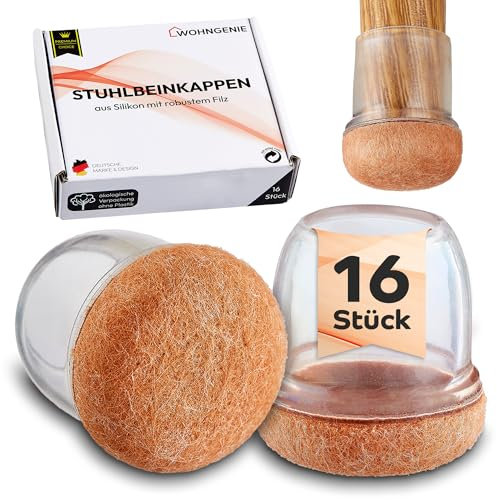 [Rabatt!!!] WOHNGENIE® Stuhlbeinkappen in Größen [S/M/L] und Sets [16er/32er] - langlebige Stuhlbeinschoner aus transparentem Silikon und robustem Filz - Kappen für Beine rund, schräg (16, 14-19mm)