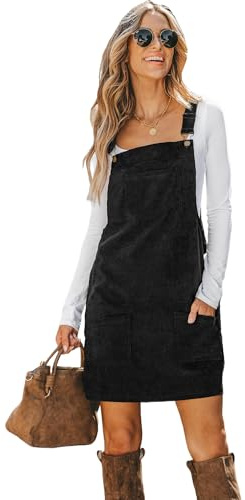 CUPSHE Women Corduroy Fall Dresses Front Bib Pocket Square Neck Wide Strap Casual Overall Mini Dress Black, S