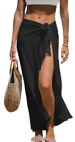 CUPSHE Pareo da donna in chiffon copricostume da bagno avvolgente gonna da spiaggia con laccetti, Nero , Etichettalia unica