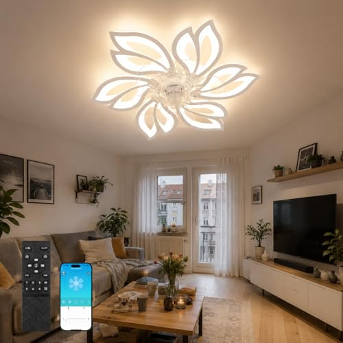 Homefire Deckenventilator Mit Beleuchtung und Fernbedienung Leise - LED Deckenlampe APP Dimmbar Ventilator Timing Deckenleuchte Kreativer 6 Lichter Design Wohnzimmer Fan Winter/Sommer für Schlafzimmer