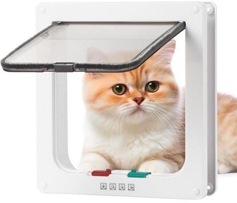 Roxanex Cat Door Large 18.5cm x 18cm Flap Easy to Fit, Safety Pet Sliding Door with 4 Way Lock, Weatherproof Cat Flap for Inside Outside Door Wall Fence, White